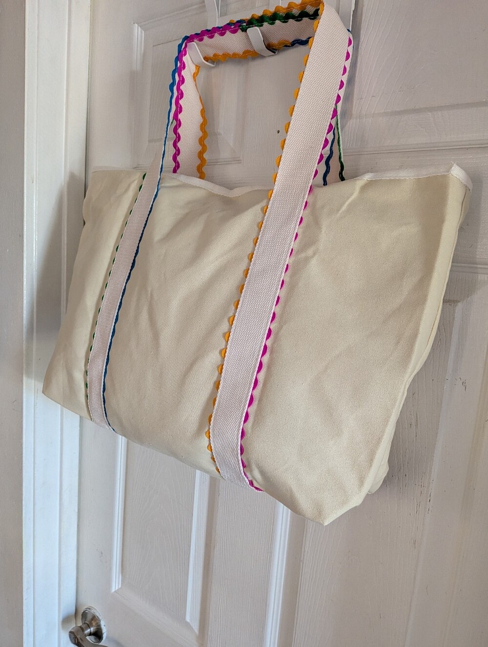 Canvas Tote Bag for, Rainbow Rick Rack Trim Handbag, Large Shoulder - Picture 12 of 16